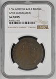 1702 Coronation Of Queen Anne 35mm Bronze Medal - NGC AU58