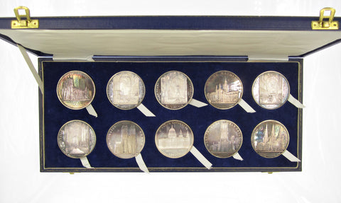 1974 Set Of 10 x 61mm Silver Cathedral Medals - By J. Davis