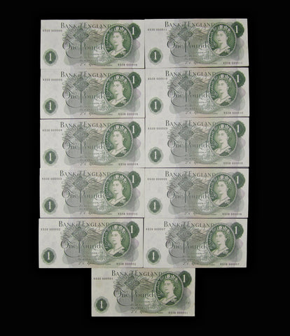 Bank Of England 11 x Consecutive Fforde £1 One Pound Notes - R53B 000001 - 000011