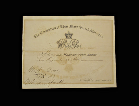 1831 William IV & Queen Adelaide Coronation Ticket to Westminster Abbey