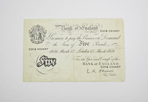 Bank Of England 1956 White Five Pound Banknote - O'Brien