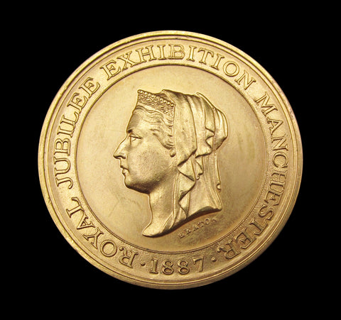1887 Manchester Royal Jubilee Exhibition 44mm Gilt Bronze Medal - By Heaton