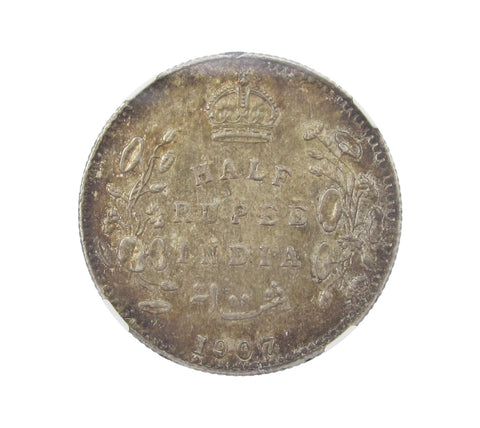 India Edward VII 1907 Half Rupee - NGC AU58