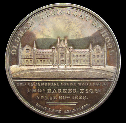 1829 Oldham Blue Coat School 54mm Silver Medal - By Halliday
