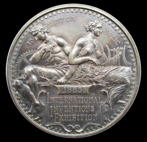1885 International Inventions Exhibition 45mm Silver Cased Medal - By Wyon