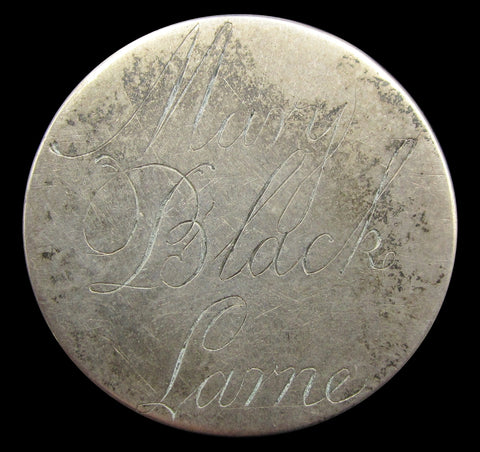 17th Century Shilling Engraved Love Token To 'Mary Black Larne'