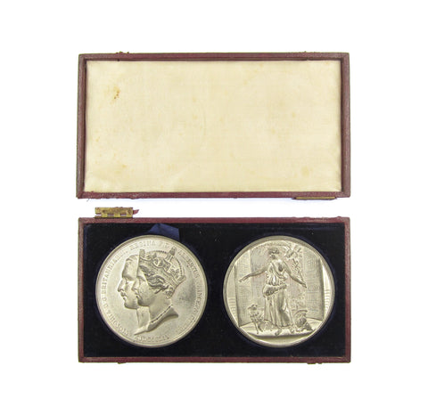 1854 Pair Of Crystal Palace Exhibition 64mm Medals - Cased