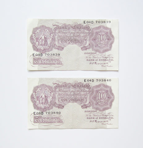 Bank Of England 2 x Consecutive Peppiatt Mauve Ten Shillings